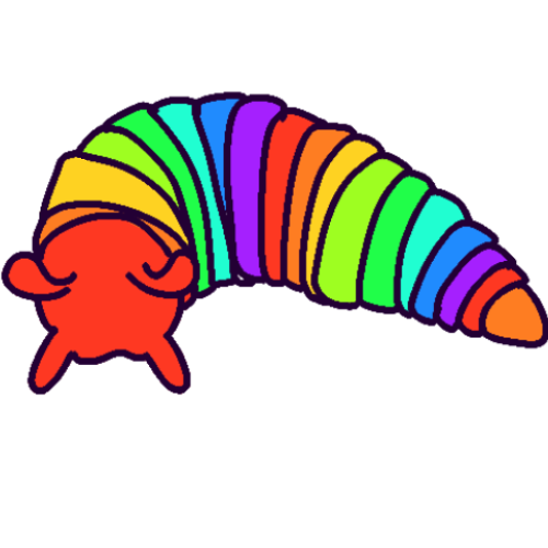 A drawing of a plastic fidget tool that looks like a slug. Each segment of the body is a different rainbow color.